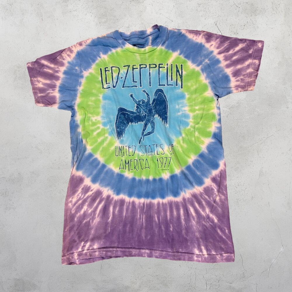 🎸 Led Zeppelin Tie Dye T-shirt Graphic Band Tee Rock Band Shirt Medium 1977 🌈